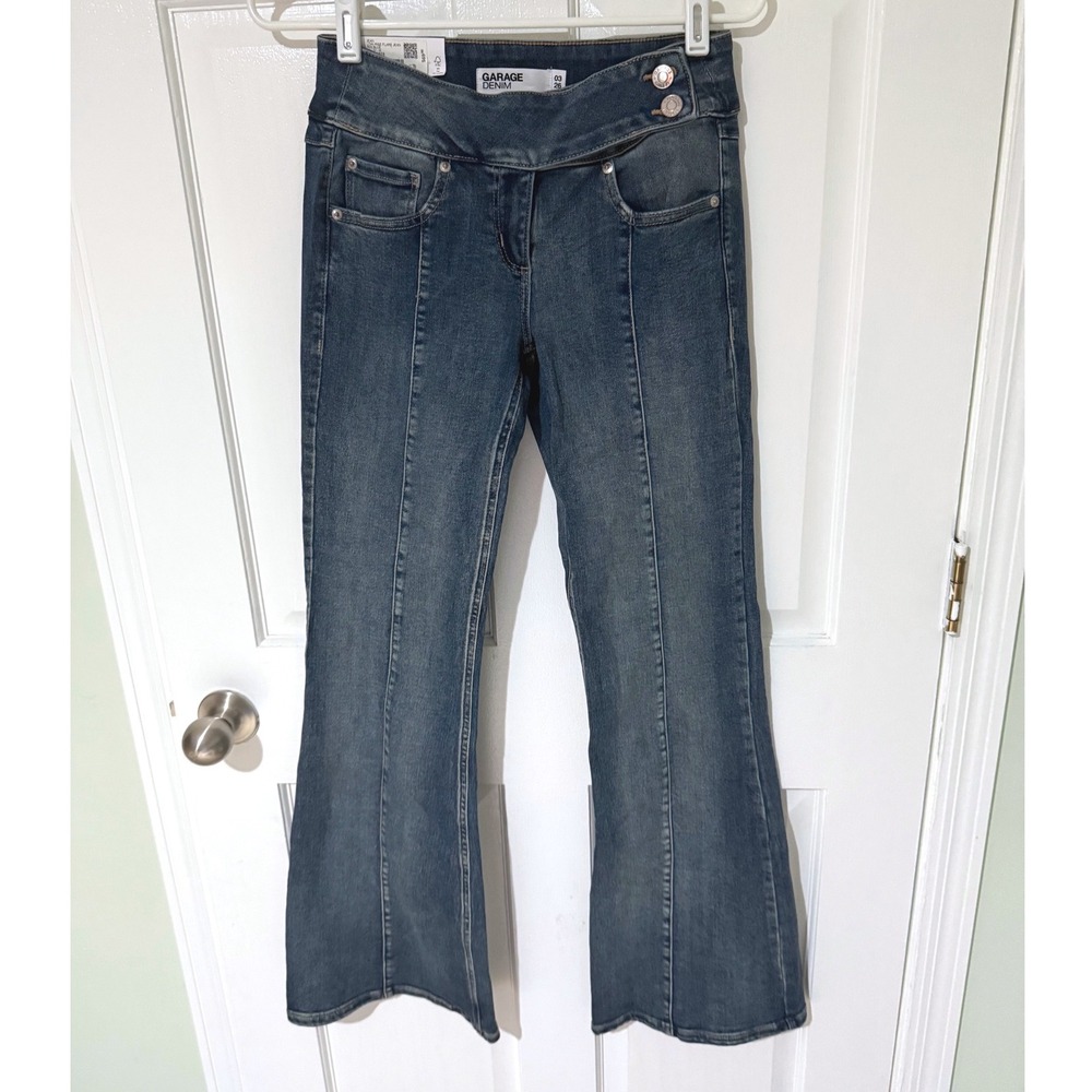Garage Denim Low Rise Flare Jean Iris Blue Size 03 26 Double Button Y2K Seam